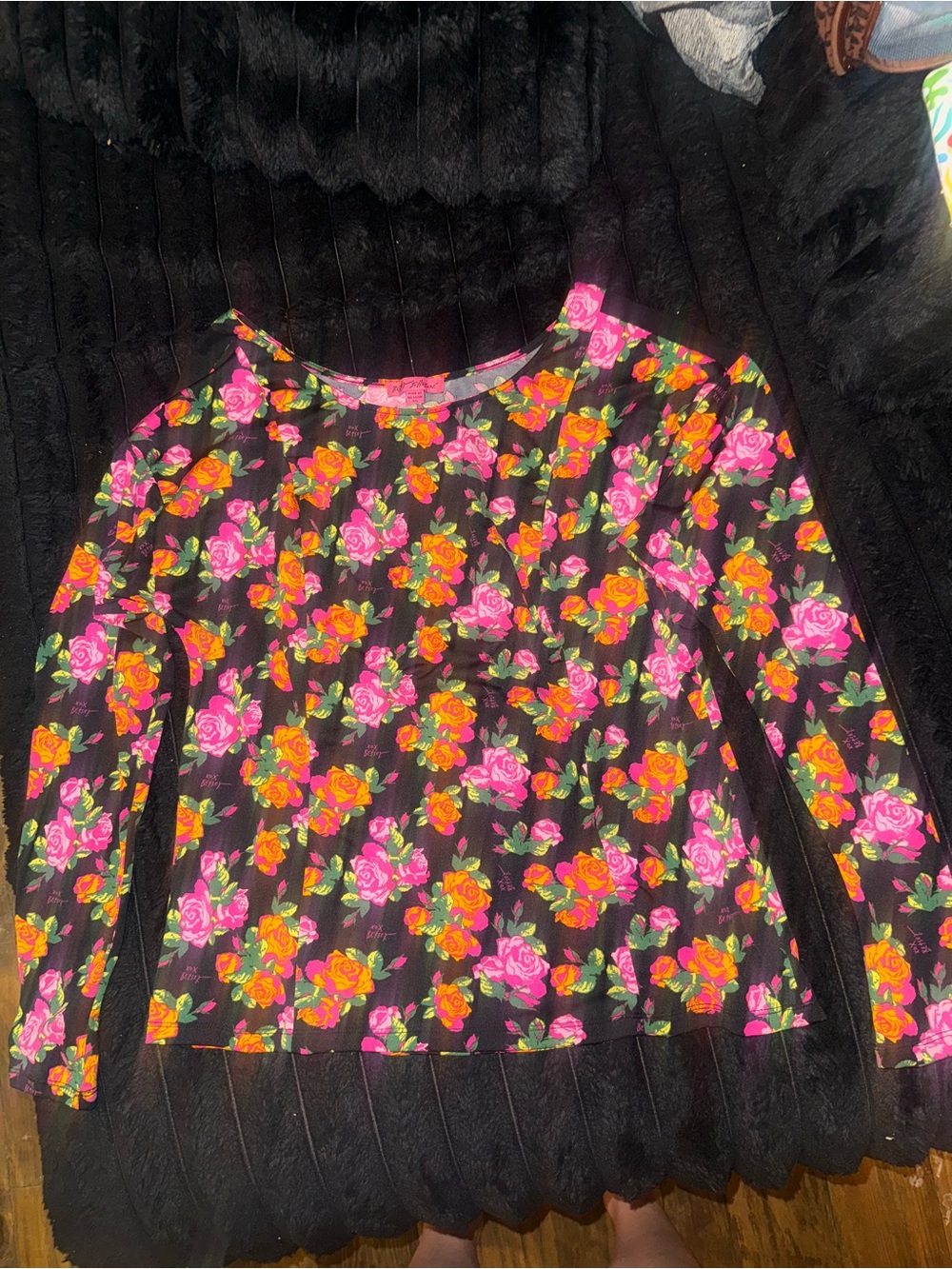 Betsey Johnson XL Floral Rose Long Sleeve Top Black Pink Orange Y2K